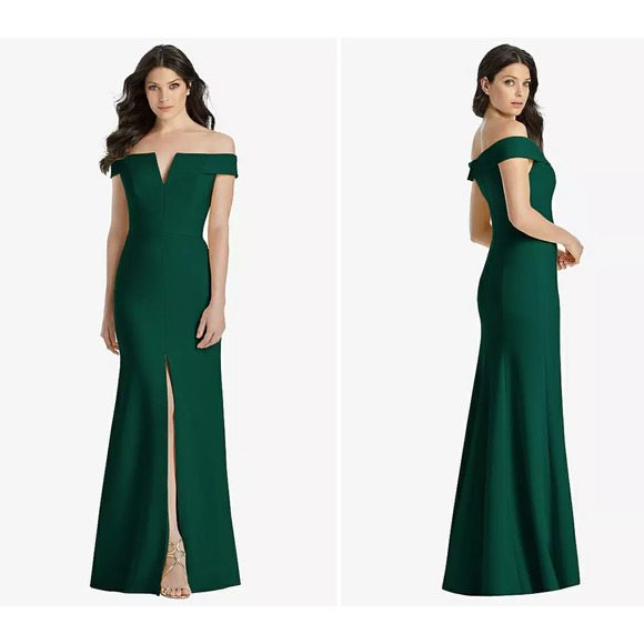 Dessy 3038 Hunter Green Off the Shoulder Notch Crepe Gown Trumpet Sz 14 New - Picture 1 of 6